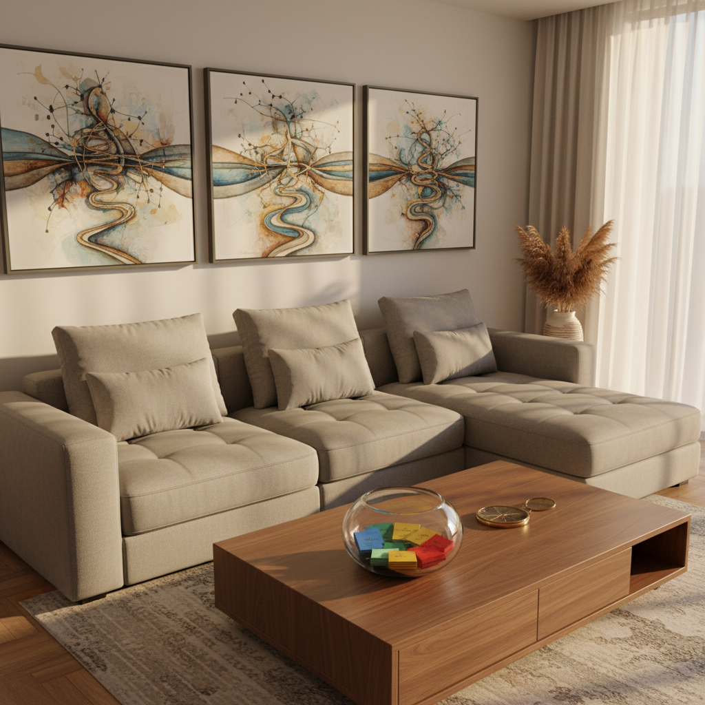 A carefully arranged living room corner featuring a plush, light-gray modular sofa, an elegant walnut coffee table, and three framed abstract artworks suggesting a journey and growth through layered, intersecting paths. On the table, a sleek glass bowl holds neatly stacked, color-coded cards and a small brass compass, implying strategic life planning. Late afternoon golden light filters through sheer curtains, creating a soft glow and gentle shadows across the room. Photographic realism, captured from a slightly elevated angle using the rule of thirds, with crisp focus in the foreground and a subtly blurred background. The atmosphere feels secure, harmonious, and aspirational, evoking the idea of building the life you want in a sophisticated, modern Mexican home.