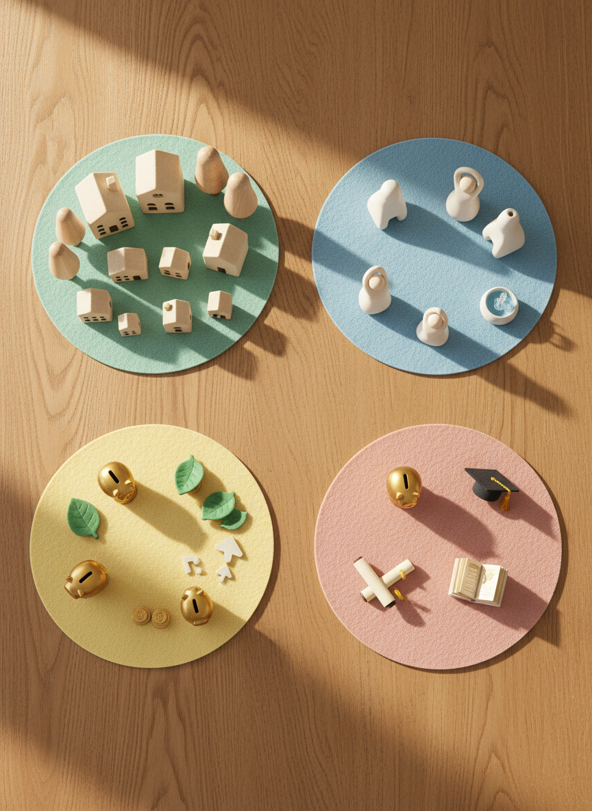 A detailed overhead view of a large, natural wood table where several distinct sets of ceramic house miniatures, tree figurines, and stylized savings icons are thoughtfully grouped into clear, organized zones, symbolizing different life goals. Each cluster rests on smooth, pastel-toned mats, creating calm visual islands of protection and planning. Soft, diffused daylight from an unseen window bathes the scene, eliminating harsh shadows and giving everything a gentle, inviting glow. Photographic realism with a clean, minimalist aesthetic, shot from a bird’s-eye perspective to emphasize structure and balance. The atmosphere is peaceful and reassuring, visually communicating the idea of holistic, carefully guided planning for home, wellbeing, and future stability without using any people or text.
